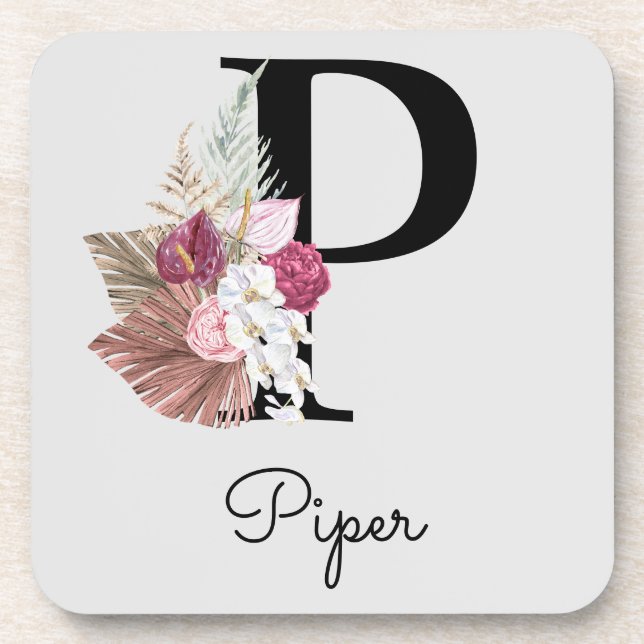 Monogram Pink Boho Girly Floral Initial P Beverage Coaster (Front)