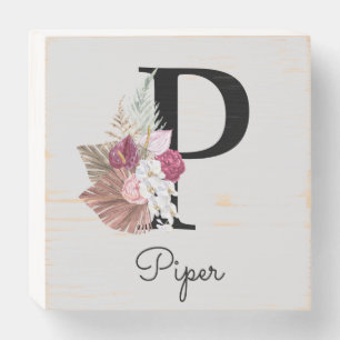Monogram Pink Boho Girly Floral Initial P Wooden Box Sign