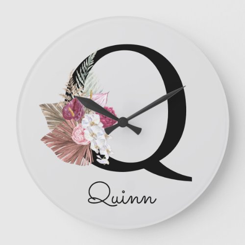 Monogram Pink Boho Girly Floral Initial Q Large Clock