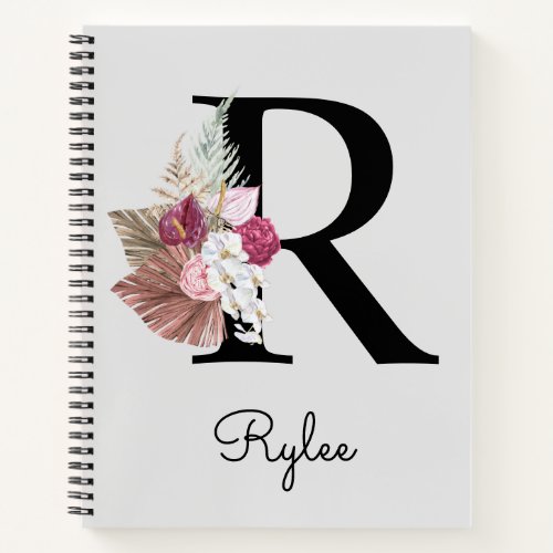 Monogram Pink Boho Girly Floral Initial R Notebook