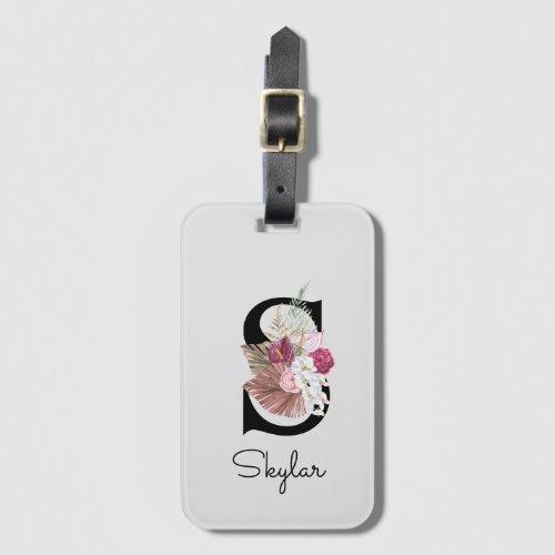 Monogram Pink Boho Girly Floral Initial S Luggage Tag
