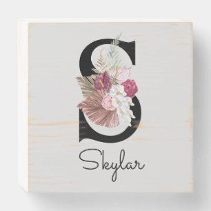 Monogram Pink Boho Girly Floral Initial S Wooden Box Sign
