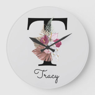 Monogram Pink Boho Girly Floral Initial T Large Clock