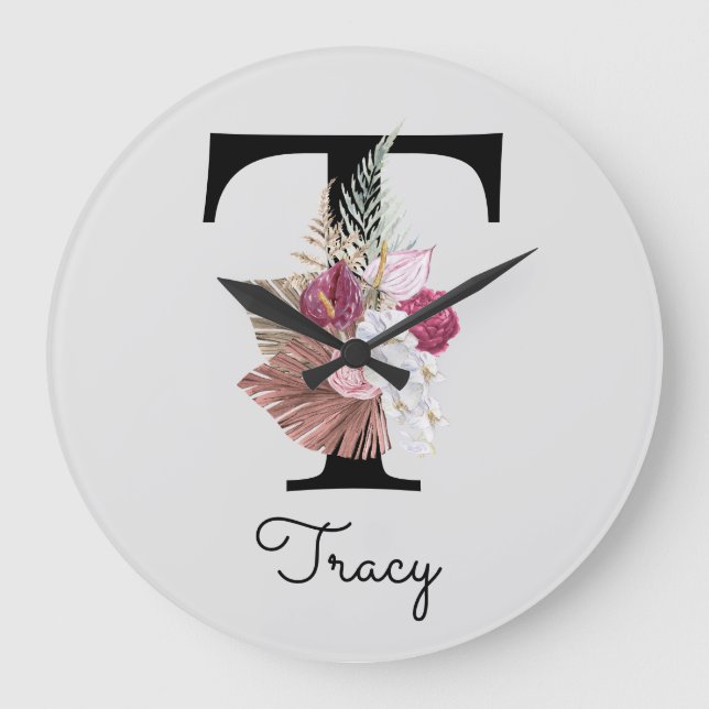 Monogram Pink Boho Girly Floral Initial T Large Clock (Front)