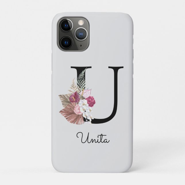 Monogram Pink Boho Girly Floral Initial U Case-Mate iPhone Case (Back)