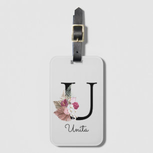 Monogram Pink Boho Girly Floral Initial U Luggage Tag