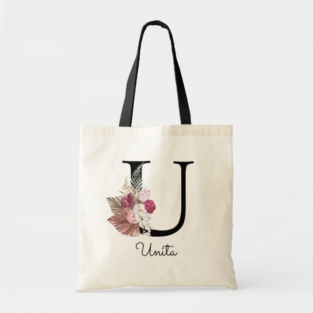 Monogram Pink Boho Girly Floral Initial U Tote Bag (Front)