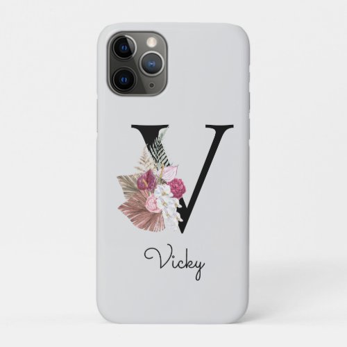 Monogram Pink Boho Girly Floral Initial V iPhone 11 Pro Case