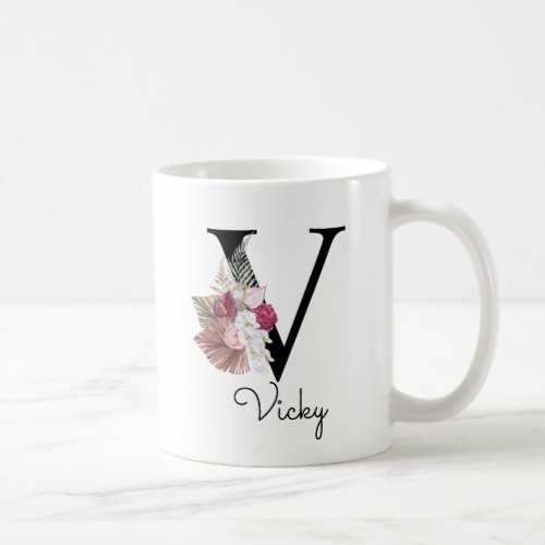 Monogram Pink Boho Girly Floral Initial V Coffee Mug