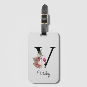 Monogram Pink Boho Girly Floral Initial V Luggage Tag