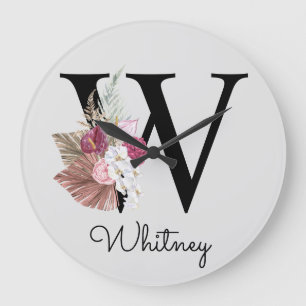 Monogram Pink Boho Girly Floral Initial W Large Clock