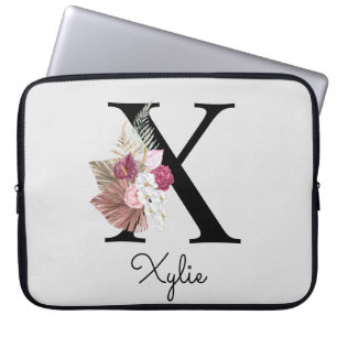 Monogram Pink Boho Girly Floral Initial X Laptop Sleeve