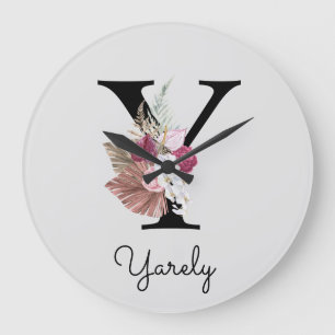 Monogram Pink Boho Girly Floral Initial Y Large Clock