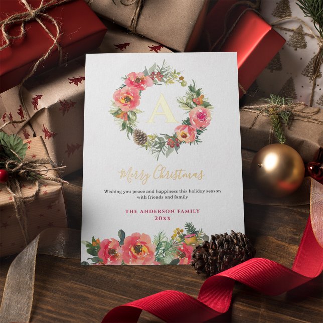 Monogram Pink Botanical Wreath Christmas Foil Card (Creator Uploaded)