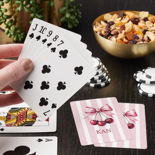 Monogram Pink Bow Cherries Coquette Aesthetic Poker Cards (In Situ)