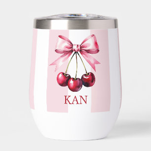 Monogram Pink Bow Cherries Coquette Aesthetic Thermal Wine Tumbler