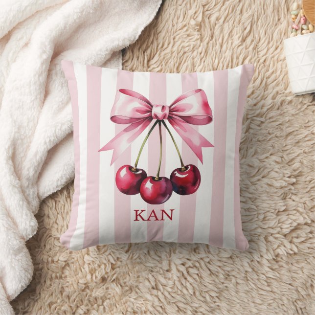 Monogram Pink Bow Cherries Coquette Aesthetic Throw Pillow (Blanket)