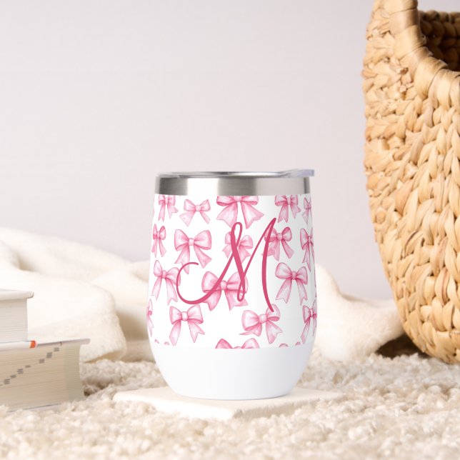 Monogram Pink Bow Coquette Aesthetic Preppy Trendy Thermal Wine Tumbler (Living Room)