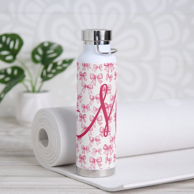 Monogram Pink Bow Coquette Aesthetic Preppy Trendy Water Bottle (Yoga)