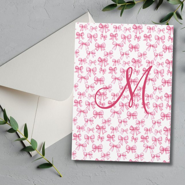 Monogram Pink Bow Coquette Aesthetic Stationery (Pink bow monogram initial preppy thank you card for her. Bridal shower, or personal)