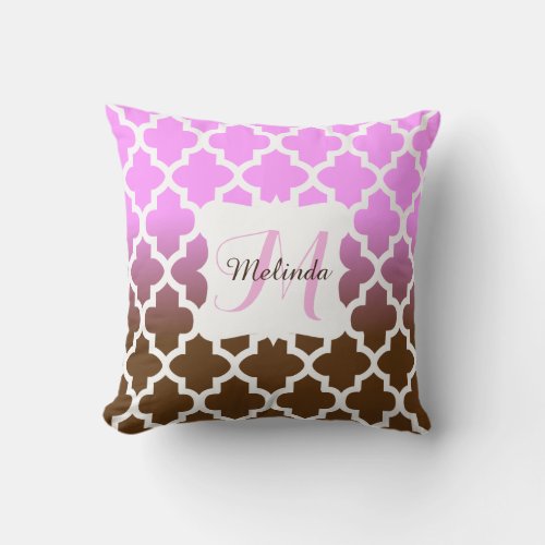 Monogram Pink  Brown Blend Quatrefoil Pattern Throw Pillow