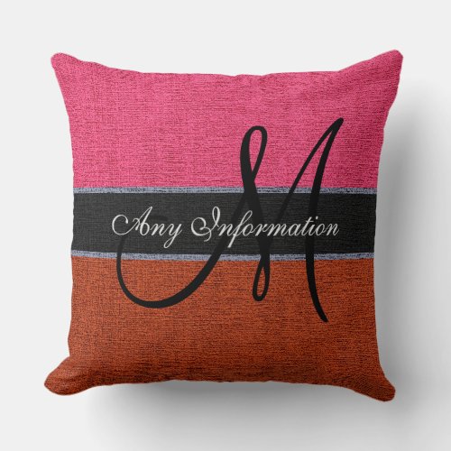 Monogram Pink  Brown Burlap Rustic Jute Throw Pillow