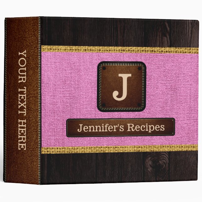 Monogram Pink Burlap Elegant Wood Look 3 Ring Binder (Front/Spine)