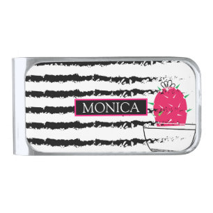 Monogram Pink Cactus pattern Silver Finish Money Clip