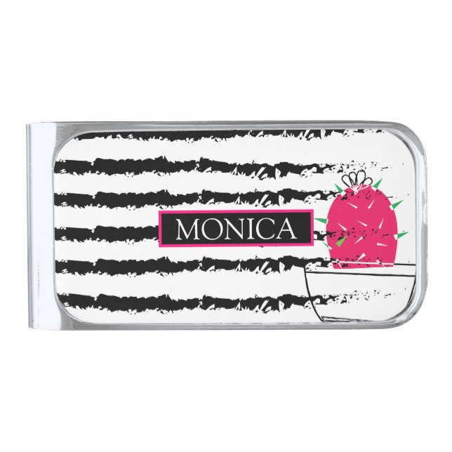 Monogram Pink Cactus pattern Silver Finish Money Clip (Front)