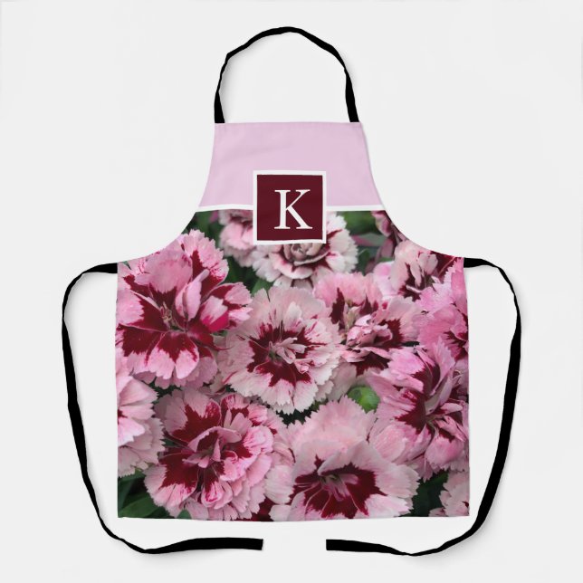 Monogram Pink Carnation January Birthday Flower Apron (Front)