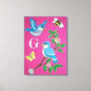 Monogram Pink Cheerful Bluebird Collage Vintage Canvas Print