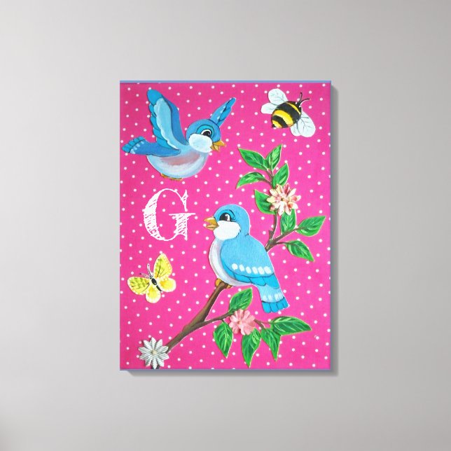 Monogram Pink Cheerful Bluebird Collage Vintage  Canvas Print (Front)