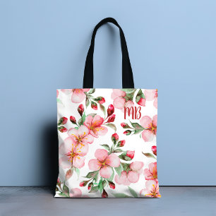 Monogram Pink Cherry Blossom Watercolor Floral Tote Bag