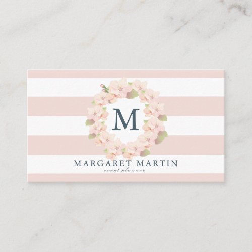 Monogram Pink Cherry Blossom Wreath Business Card