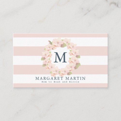 Monogram Pink Cherry Blossom Wreath Mommy Calling Card