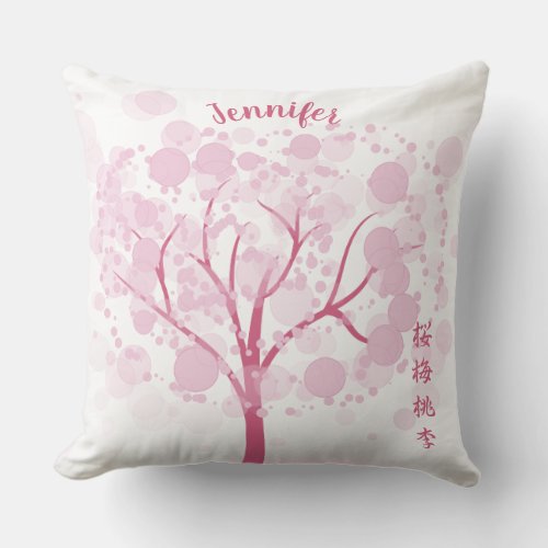 Monogram Pink Cherry Tree Japanese Unique Proverb Throw Pillow