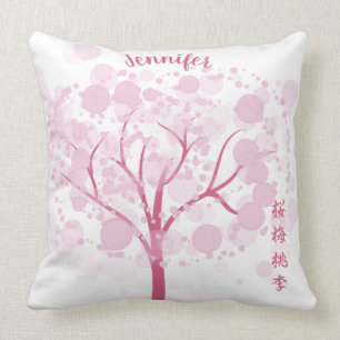 Monogram Pink Cherry Tree Japanese Unique Proverb Throw Pillow