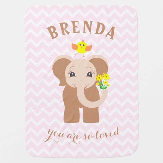 Monogram Pink Chevron Baby Elephant Baby Blanket (Front)