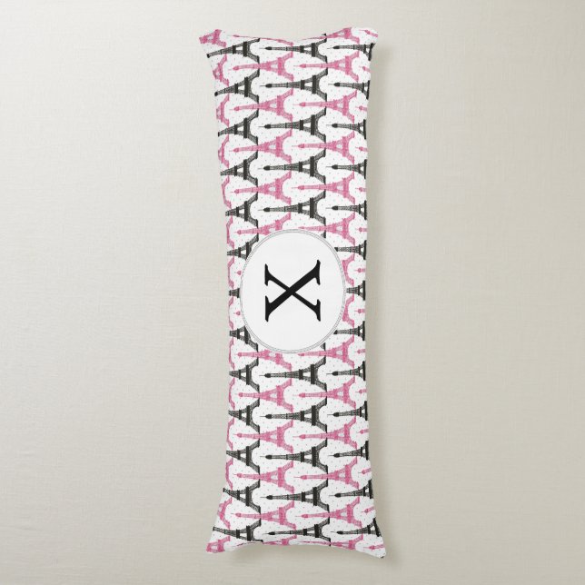 Monogram Pink Chic Eiffel Tower Pattern Body Pillow (Front Vertical)