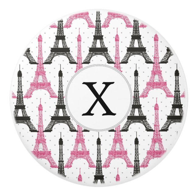 Monogram Pink Chic Eiffel Tower Pattern Ceramic Knob (Front)