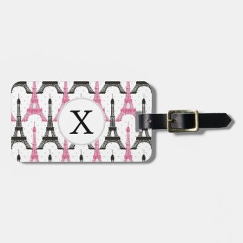 Monogram Pink Chic Eiffel Tower Pattern Luggage Tag by MonogramBoutique at Zazzle