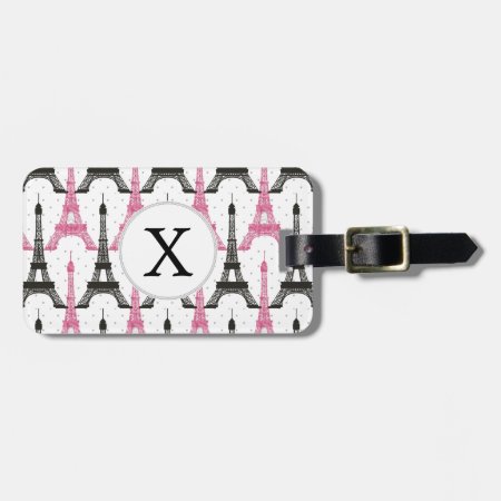 Monogram Pink Chic Eiffel Tower Pattern Luggage Tag