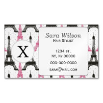 Monogram Pink Chic Eiffel Tower Pattern Magnetic Business Card