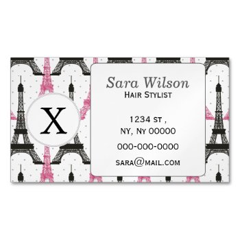 Monogram Pink Chic Eiffel Tower Pattern Magnetic Business Card by MonogramBoutique at Zazzle