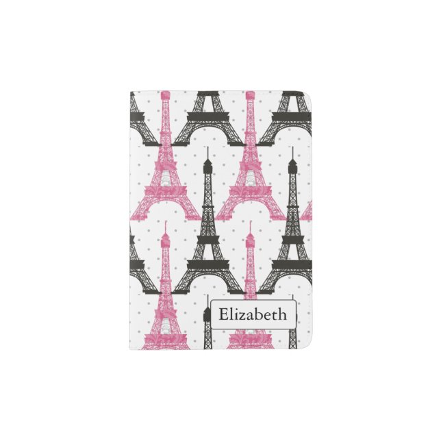 Monogram Pink Chic Eiffel Tower Pattern Passport Holder (Front)