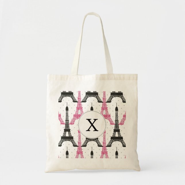 Monogram Pink Chic Eiffel Tower Pattern Tote Bag (Front)