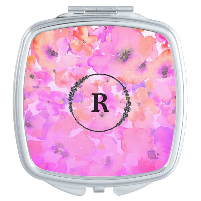 *~* Monogram Pink Chic Floral Watercolor Compact Mirror (Front)