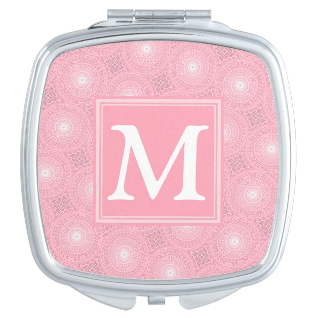 Monogram pink circles pattern makeup mirror (Front)