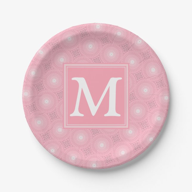 Monogram pink circles pattern paper plates (Front)