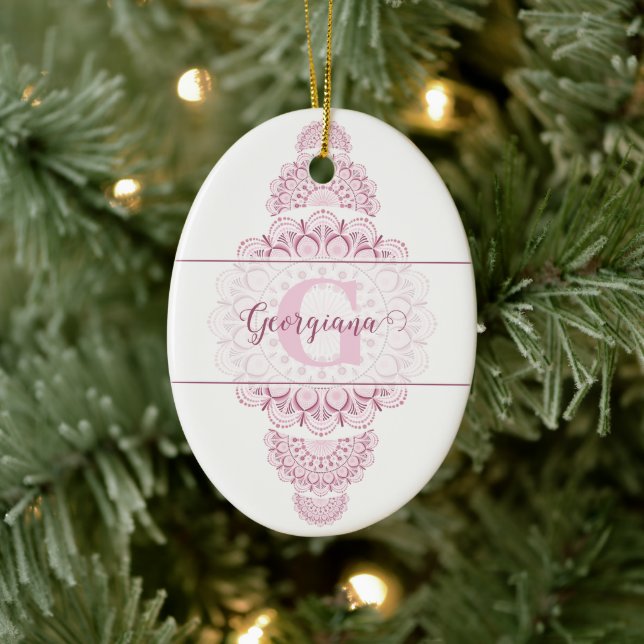 Monogram Pink Confetti Lace Ornamental Mandala Ceramic Ornament (Tree)